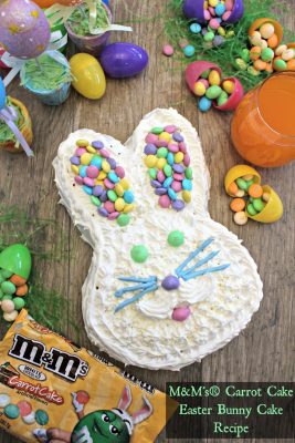 Easter Bunny Shaped Carrot Cake with M&Ms. Easy to make using cake mix and perfect for Easter celebrations!