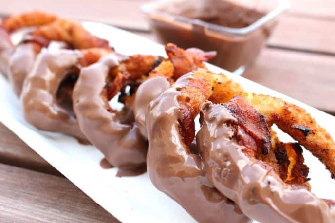Bacon Wrapped Chocolate Dipped BBQ Onion Rings