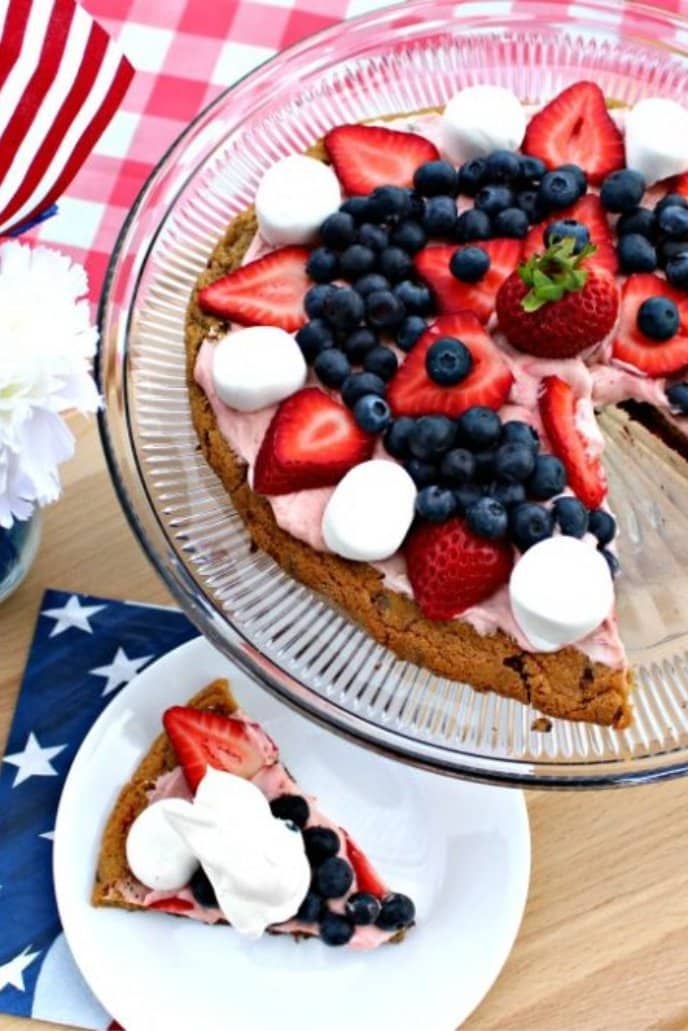 Grilled Dessert - Red, White, and Blue Cookie Pizza, Cookie pizza grilled dessert topped with berries and marshmallows
