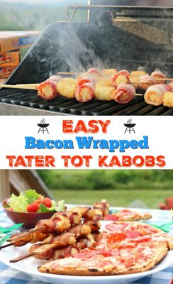 Easy Bacon Wrapped Tater Tot Kabobs and Tony's Pizza on the grill! Fire up the BBQ and make these delicious bacon wrapped tater tots and a frozen pizza for an easy weeknight meal!