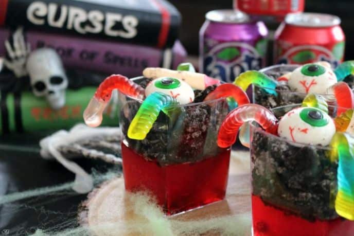 Graveyard Jello with Gummy Eyeballs, Gummy Worms and Chocolate Cookies
