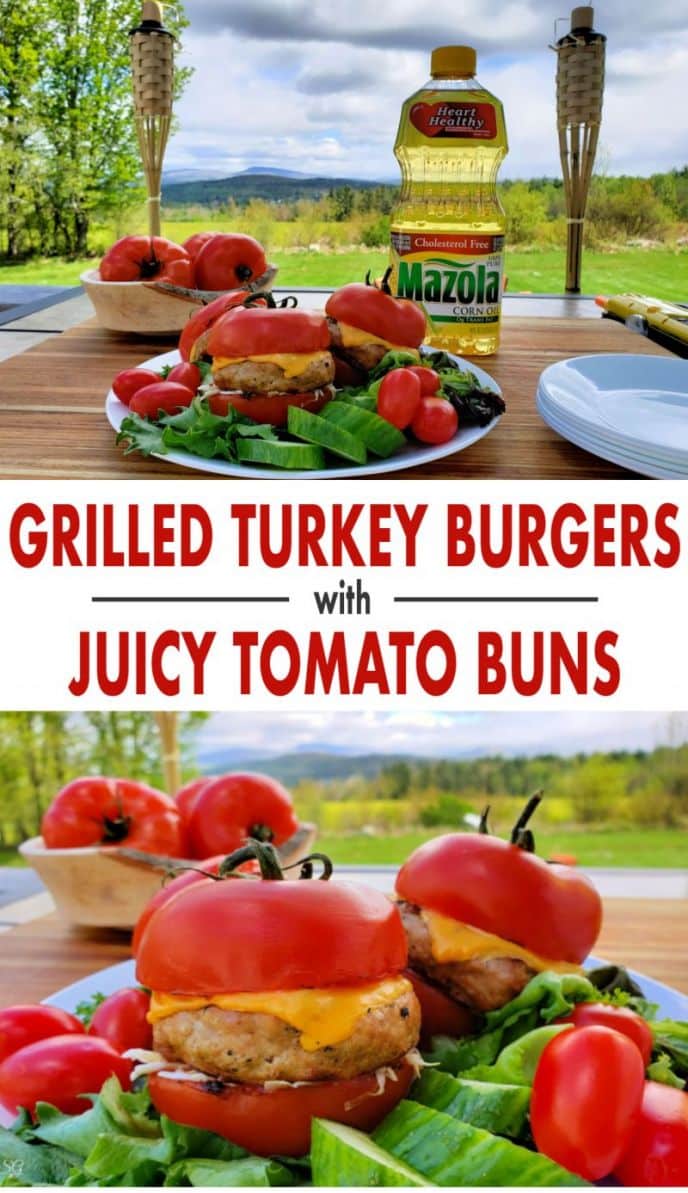 Grilled Turkey Burgers with Tomato Buns, Click to get this EASY grilled turkey burger recipe. The burgers are juicy and so are the delicious grilled tomato buns! #MarinadesWithMazola #MakeItWithHeart #grilling #grilled #turkey #burgers #tomatoes #grill #barbecue #BBQ