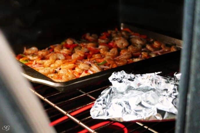 Sheet Pan Shrimp Fajitas Recipe, Baking sheet pan shrimp fajitas recipe in the oven.